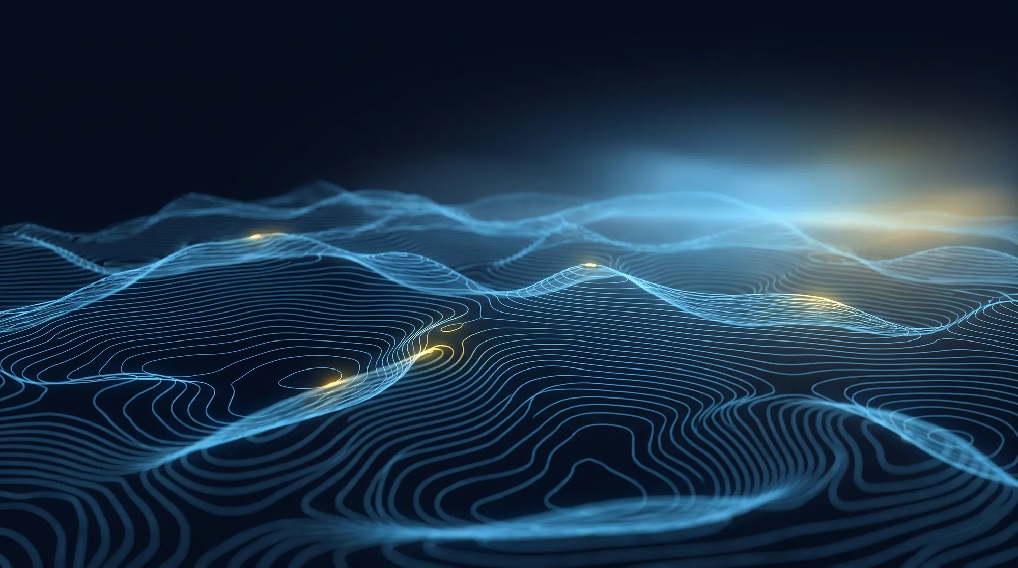 Abstract topographic surface of light lines over a dark field