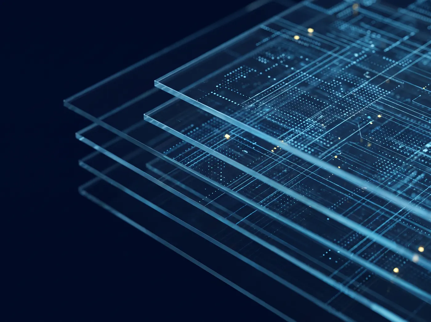 Abstract layered order-book depth rendered as glowing translucent planes